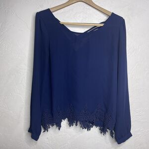 Sweet Journey Lace Top Hem Blouse Size Medium Navy Blue